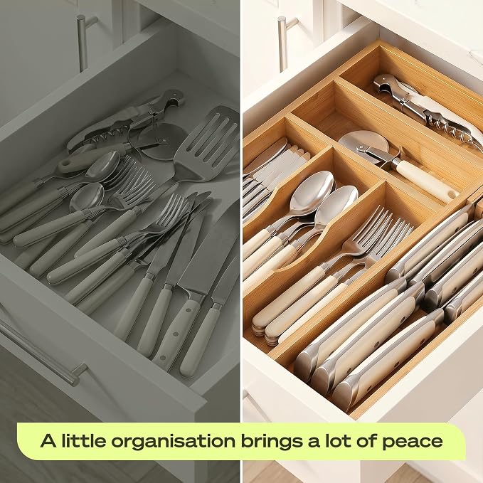 Drawer Organizer with Knife Block for Kitchen Organization, Bamboo Silverware Drawer Organizer, Compact Bamboo Cutlery Tray for Flatware and Utensils, Removable 7-Slot Knife Block for Kitchen Drawers