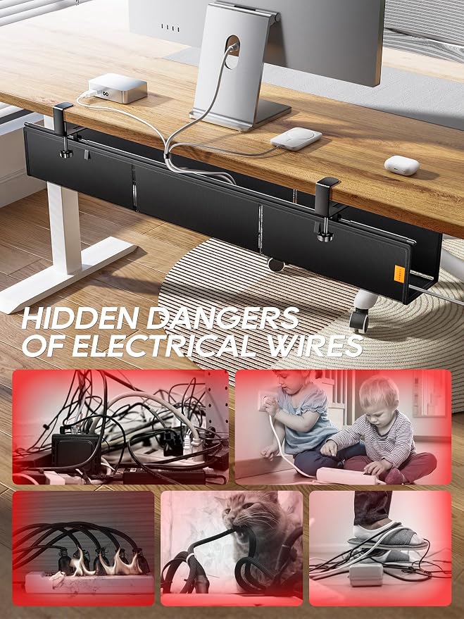 39" No Drill Under Desk Cable Management Tray (Black) | Fire-Resistant Thickened Nylon Material, Clip-on Cord Organizer to Hide Power Strip, Heat Dissipation Mesh Design, for Office