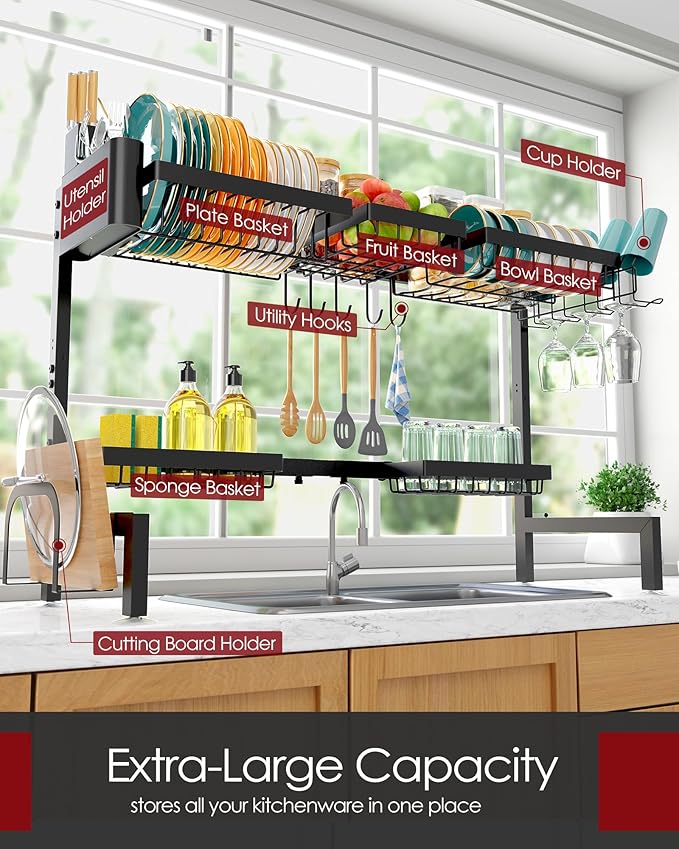 Sakugi Over The Sink Dish Drying Rack - Adjustable 2 Tier X-Large Capacity Stainless Steel Drainer with Cutlery & Utensil Holders, Kitchen Storage & Organization, 32"-39.5" L x 12" W x 25" H, Black