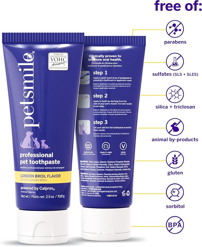 Petsmile Pet Teeth Brushing Kit, Toothpaste + Brush, London Broil 2.5 Oz | Toothpaste + 45° Patented Toothbrush, VOHC Accepted, Calprox® Powered, 4-Month Supply, Human-Grade, Clinically Proven