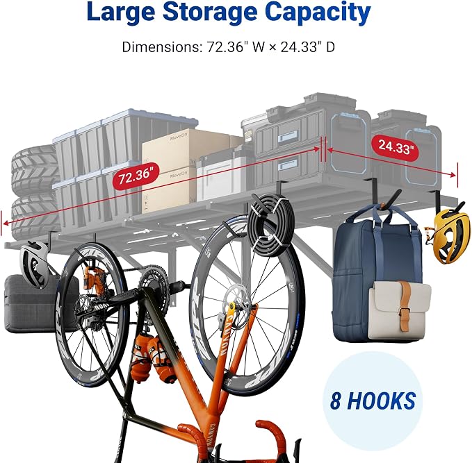 FLEXIMOUNTS 2-Pack 2x6ft Heavy Duty Garage Wall Shelving, 1200lbs Capacity, Garage Shelving Wall Mounted with 8 Hooks, Storage for Power Tools, Garden Supplies, Storage Bins, Lite Series