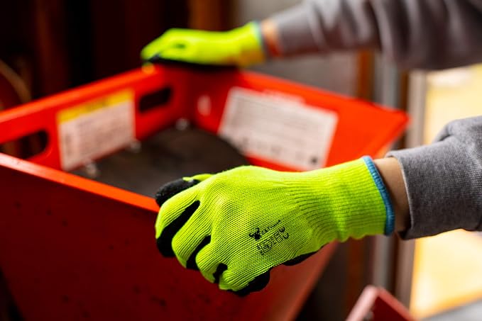 G & F 1516 12 Pairs Pack Premium High Visibility Low Emissions Green Work and Gardening Gloves for Men and Women, MicroFoam Textured Coated Palm and Fingers, Size Large, Green