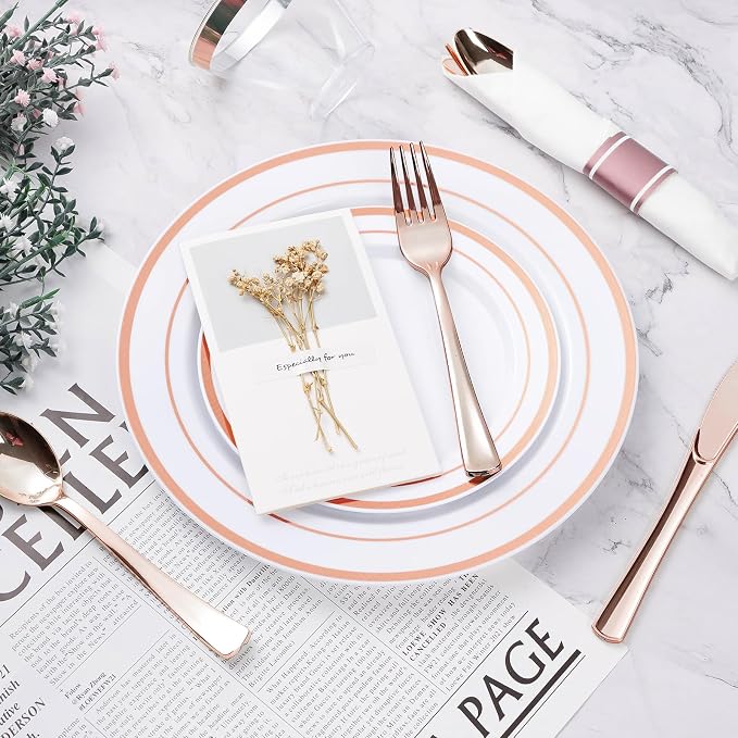 BESTVIP 700PCS Rose Gold Plastic Dinnerware Set, Disposable Party Plates for 100 Guests, Include: 200 Plastic Plates, 100 Pre Rolled Napkins with Rose Gold Silverware, 100 Cups for Christmas
