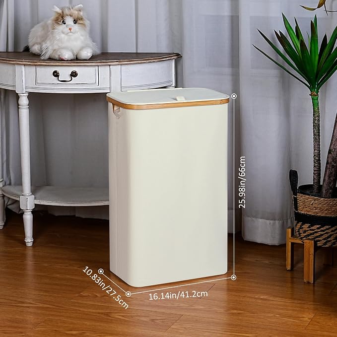 iEGrow Slim Laundry Hamper,75L Beige Narrow Laundry Basket with Lid,Foldable Clothes Hamper with Bamboo Handles,Hamper Basket with Removable Inner Bag for Laundry Room Bedroom College Dorm