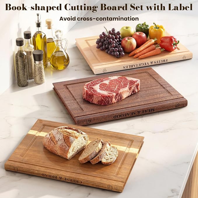 Book Cutting Board Set with Stand, 3PCS Acacia Book Cutting Boards, Library Chopping Board Set for Kitchen, Juice Groove, Three Categories of Tags, Gift for Book Lovers | Library Chopping Board Set for Kitchen, Juice Groove, Three Categories of Tags, G...