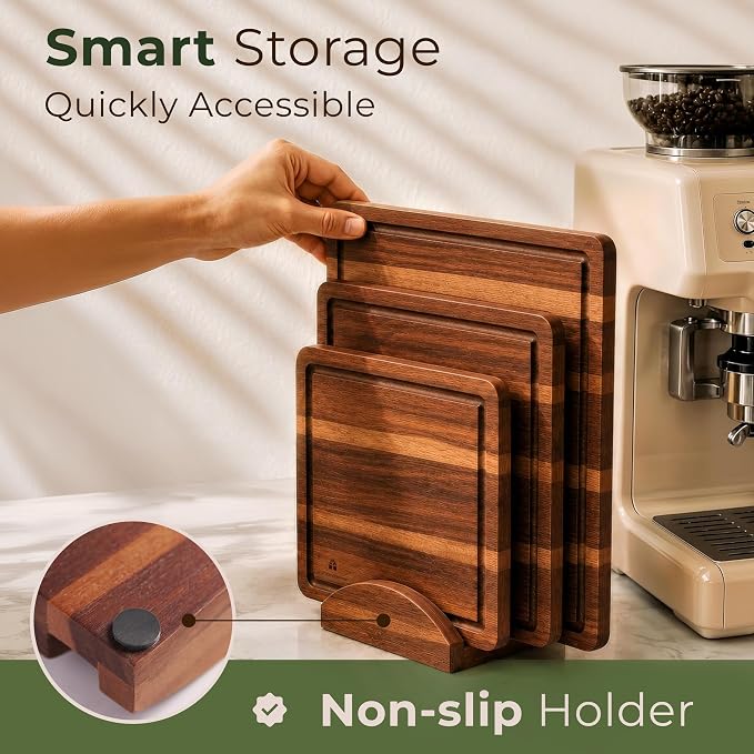 Acacia Wood Cutting Board Set of 3 with Holder & Juice Grooves | Built-in Handles, Durable – for Chopping, Food Prep & Serving as a Charcuterie Platter