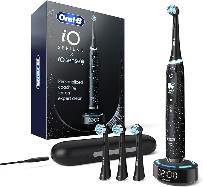 Oral-B Rechargeable Electric Toothbrush, iO10 Ultimate Clean, 7 Cleaning Modes, Interactive Display, iSense Charger, Charging Travel Case, 4 Brush Heads, Rechargeable Toothbrush, Black
