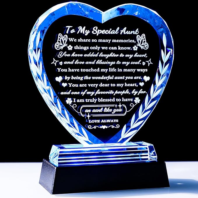YWHL Aunt Birthday Gifts from Niece Nephew, Birthday Gifts for Auntie, to My Aunt Crystal Heart Keepsakes Present Ideas on Mothers Day Thanksgiving