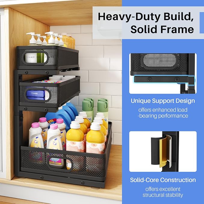 Under Sink Organizer, 2-Pack 3-Tier Thickened Metal Pull out Cabinet Organizer Shelf, Height Adjustable Slide out Storage Drawer Rack for Kitchen Bathroom Pantry Laundry Home Office Organization