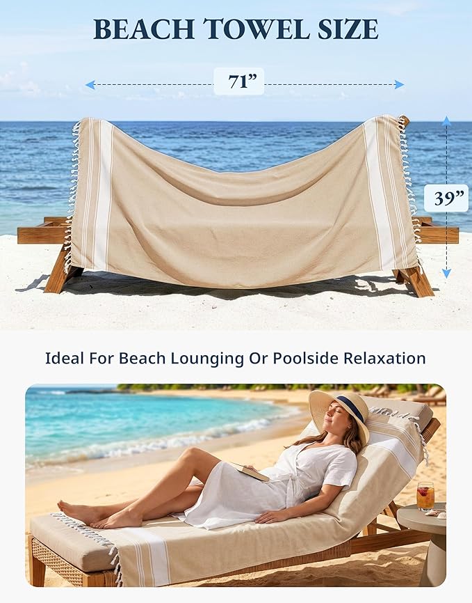 LANE LINEN Oversized Beach Towels, Super Absorbent, Travel Towel - Beige | 2 Pack Turkish Towel Set for Adults - Lightweight, Quick Dry - Absorbent & Sand Free - Vacation Essential, Machine Washable