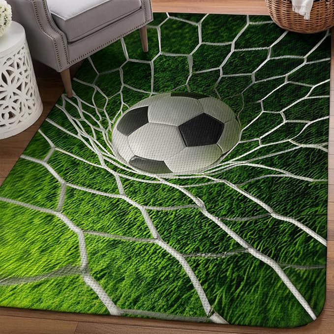Soccer Washable Area Rugs for Living Room Bedroom, Large Non Slip Indoor Floor Carpet Absorbent Low Pile Goal Net Competitive Green Grass Athletic Door Mat Rugs for Bathroom Entryway 63"x90.6"