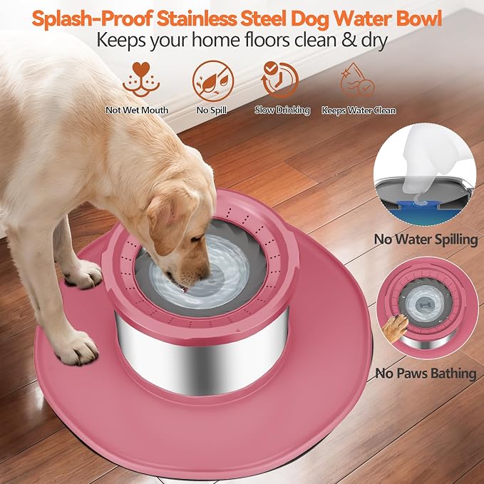 Decflow 12L No Spill Dog Water Bowl for Large Dogs, Stainless Steel Spill Proof Bowls with Suction Cup Anti-Skid Mat, Slow Feeder for Messy Drinkers, Heavy Duty Pet Bowls for Indoor/Outdoor Pink