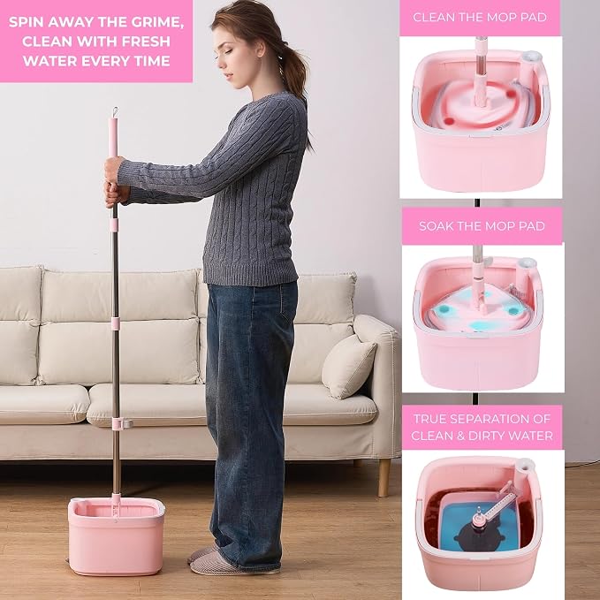 True & Tidy Pink Square Spin Mop and Bucket System, 2 Machine Washable Pads