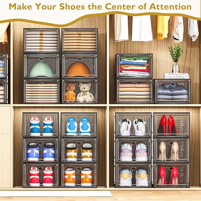 7 code Large Clear Shoe Boxes Organizer【Thicker Material】 Stronger Shoe Box with Magnetic Door, Stackable Shoe Storage Box for Closet, Foldable Space-Saving Storage Bins Shoe Cabinet, Black 9-Pack