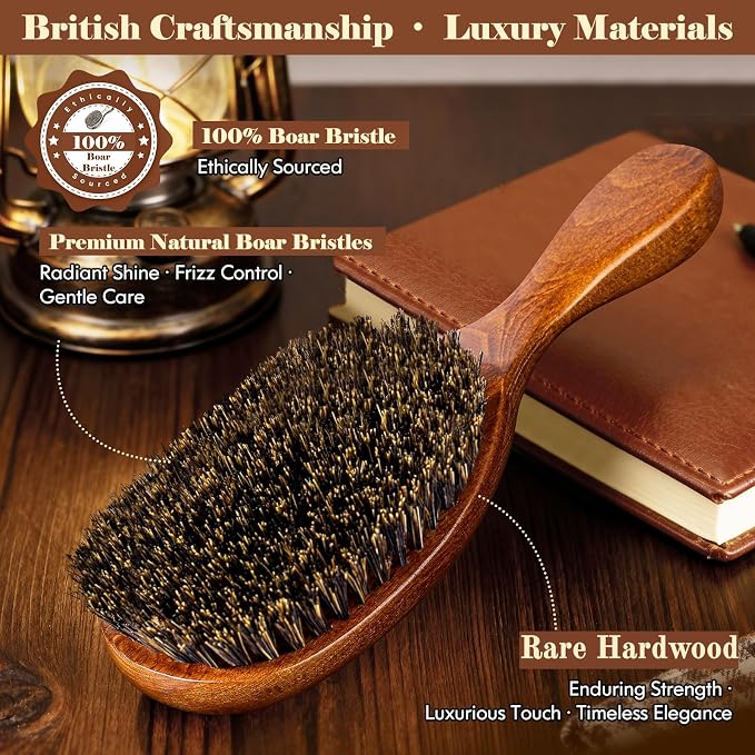 Boar Bristle Hair Brush Since 1965 British Craftsmanship, Handmade Natural Wooden Slick Back Hairbrush/Beard Brush, Pure Soft Bristles Gentle Detangling Women Men Kids Thin Fine Hair, Smooth & Shine