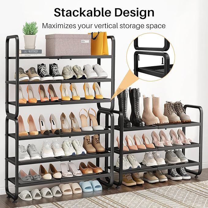 SNTD Shoe Rack - Expandable Shoe Organizer for Closet, Adjustable Metal Shoe Shelf Storage, Stackable Long Shoe Stand Holder for Garage, Entryway, Door Entrance (Black, 3-Tier)
