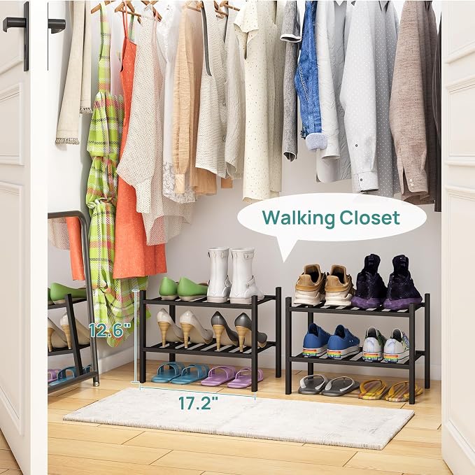 viewcare Black Small Shoe Rack for Entryway,2-Tier Bamboo Shoe Organizer for Hallway Closet, Free Standing Shoe Racks for Indoor Outdoor