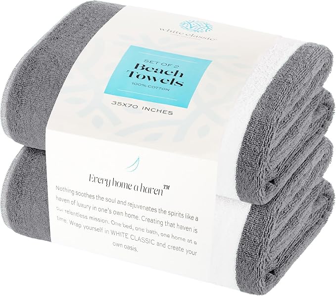 White Classic Beach Towels Oversized Cabana Stripe Cotton Bath Towel Large - Luxury Plush Thick Hotel Swim Pool Towels for Adults Super Absorbent Quick Dry - 35x70 Grey [2 Pack]