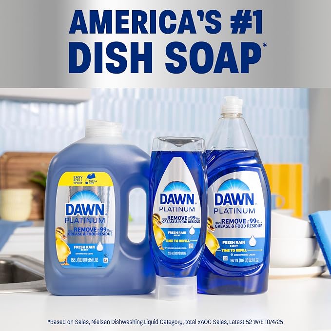 Dawn Platinum Dish Soap, Fresh Rain Scent Liquid Dishwashing Detergent, Powerful Dawn Dish Soap for Tough Grease Removal, 13 oz