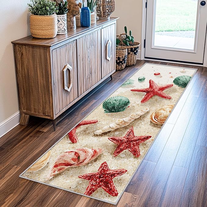 2x9 Seashell Nautical Runner Rug for Hallway, Washable Beach Theme Rug Runner Non Slip, Kids Ocean Home Decor Carpet for Kitchen, Bedroom, Entryway, Laundry Room, Ultra Thin Soft H205