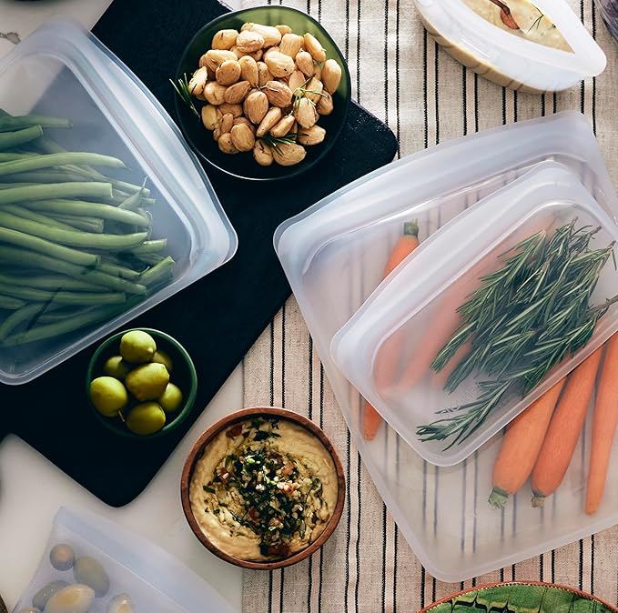 Stasher Silicone Reusable Storage Bags,Reusable Freezer Bags,Microwave,Dishwasher,Oven Safe,Sous Vide,Premium Lunch Containers,Eco Friendly,Food Storage Bag,Snack-Bags,Clear,(Pack of 8)