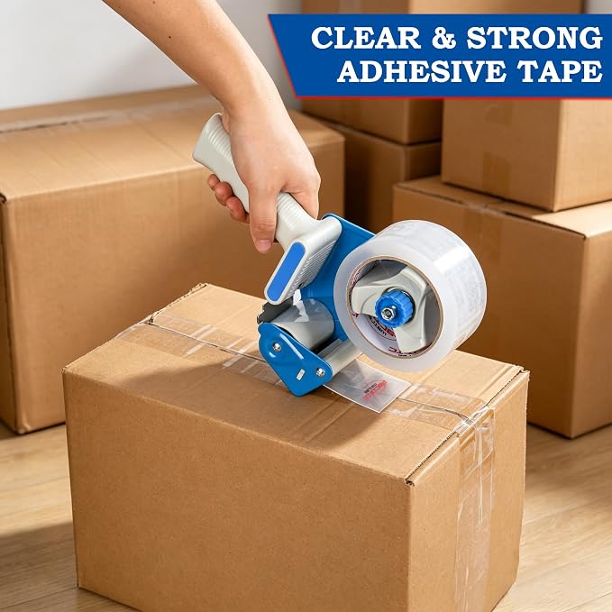 Pacific Mailer 2 Inch Tape Gun Dispenser with 2 Inch Carton Packing Tape, Lightweight Industrial Side Loading Tape Dispenser - Blue