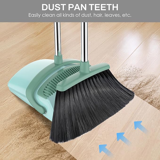 Broom and Dustpan Set for Home, 51-in Long Adjustable Handle Angle Broom and Dustpan Combo Set with Dust Pan Teeth to Clean Hair for Home Kitchen Office Lobby Floor Garden, Green