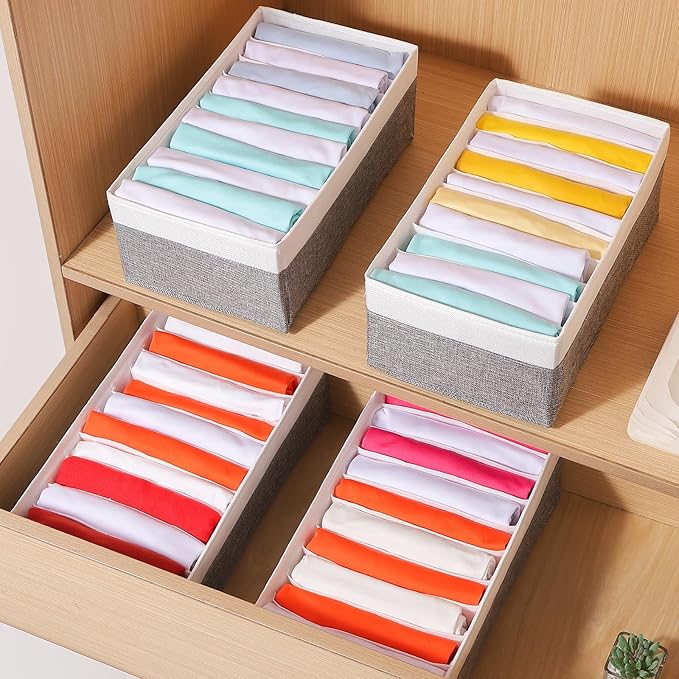 4 Packs T-shirt Drawer Organizers for Clothing,10 Grids Compartment Wardrobe Storage Box, Clothes Organizer for Folded Clothes, T-shirt, Legging-15.75''x9.06''x5.91''-GreyWhite