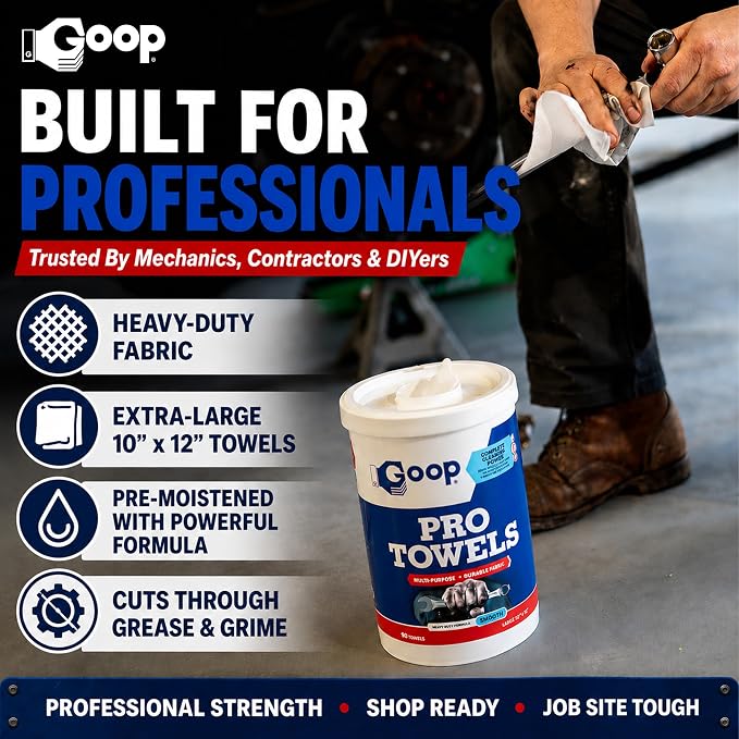 GOOP Pro Towels Heavy-Duty Multi-Surface Cleaning Wipes – Removes Engine Grease, Grime & Paint – Safe for Tools, Machinery & Painted Surfaces – 90 Extra Large 10" x 12" Towels (Pack of 6)