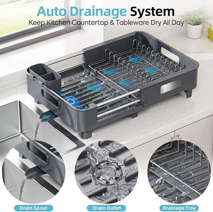 TOOLF Extendable Dish Drying Rack for Small Kitchen Counter, Gray | 12.8-20.35 in, Unique Stainless Steel Design, Auto-Drainage, Perfect for Small Kitchens & Busy Kitchens