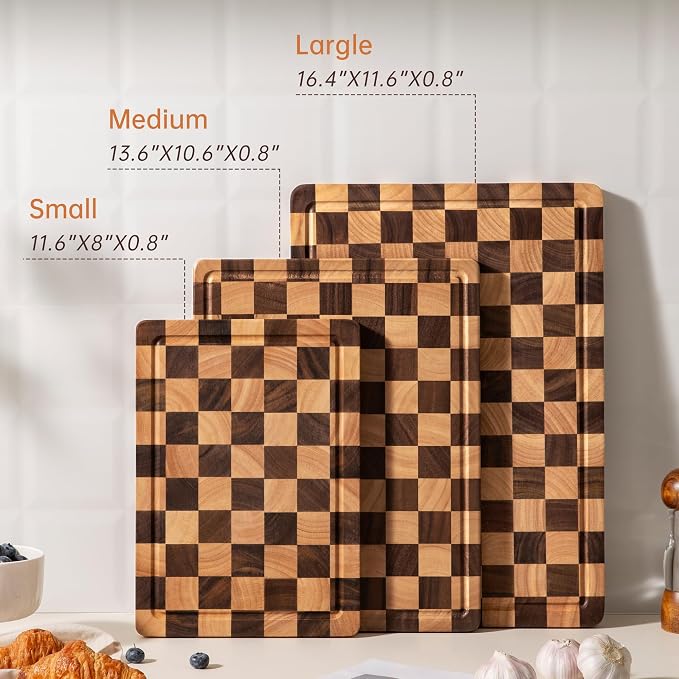 Checkered Cutting Board Set, Walnut Wood Cutting Boards for Kitchen | 3PCS Wooden Chopping Board with Juice Groove & Handles, Upgraded Decorative Serving Tray for Meat Vegetables Fruits with Box