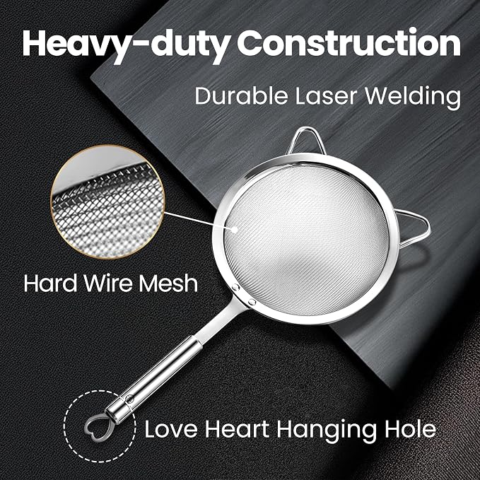 Stainless Steel Fine Mesh Strainer Set, Colander Set with 1 Large Flour Sifter (Sturdy Handle), 1 Small Mesh Sieve for Pasta & Rice, 1 Silicone Can Strainer – Durable, Dishwasher Safe, 5-Year Warranty