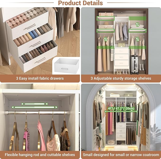 Besiost 4FT Small Closet System with 3 Fabric Drawers, 48'' Closet Organizer System With 3 Adjustable Shelves, Flexible Built-In Clothes Garment Rack for Small Space, 48" L x 13" W x 71" H, White