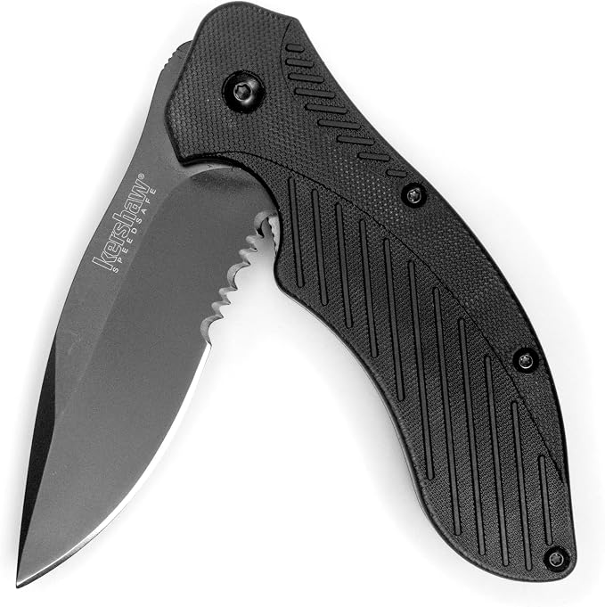 Kershaw Clash Black Serrated Pocketknife, 3" 8Cr13MoV Steel Drop Point Blade, Assisted One-Handed Flipper Opening, Folding Utility EDC | 3.1 Inch Steel Drop Point Partially Serrated Blade, Assisted Opening, Reversible Clip, For Men and Women