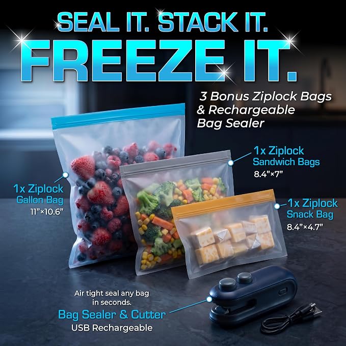 Deep Freezer Organizer Bins 4-Pack Black with Portable Heat Sealer & Reusable PEVA Bags, Heavy-Duty Stackable Chest Freezer Storage Baskets,15 x 7 x 6 in, White