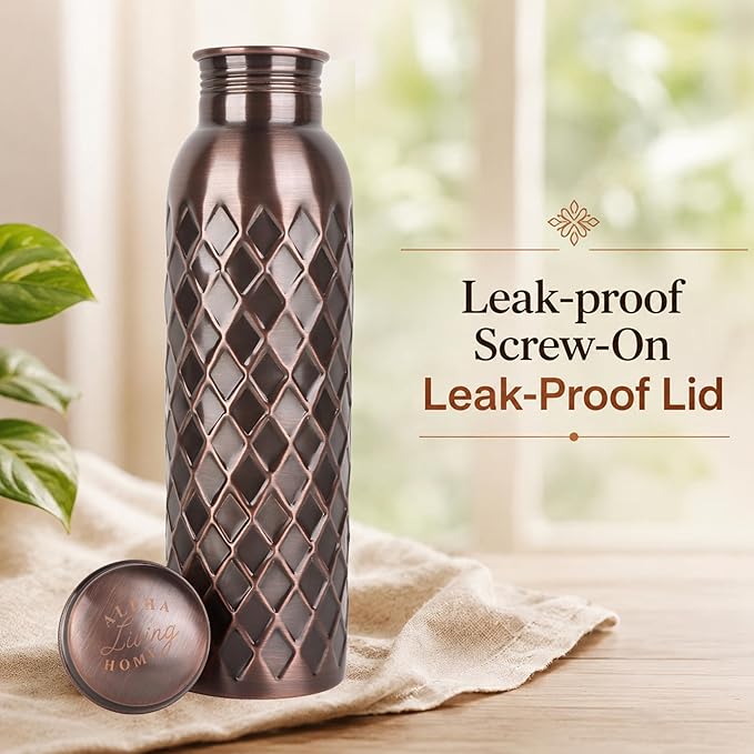 Copper Water Bottle 32 Oz Extra Large, Real Pure Copper Bottle for Drinking Water, Antique Diamond Ayurvedic Drinking Bottle, Leak Proof Cap, Cleaning Brush, Daily Hydration for Home Travel