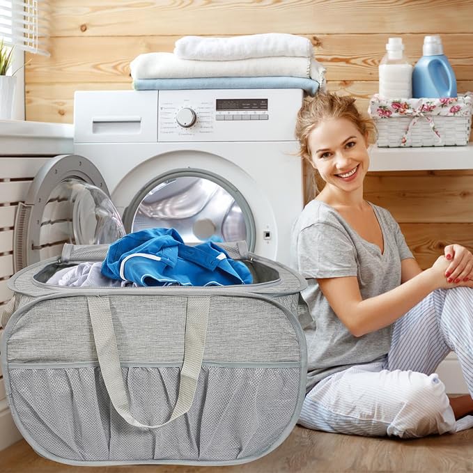 Collapsible Laundry Baskets with Lid, Foldable Laundry Basket with Pockets, Pop Up Laundry Hamper with Dual Handles, 99L Sturdy Hampers for Clothes, Groceries, Supplies, Tools, Grey