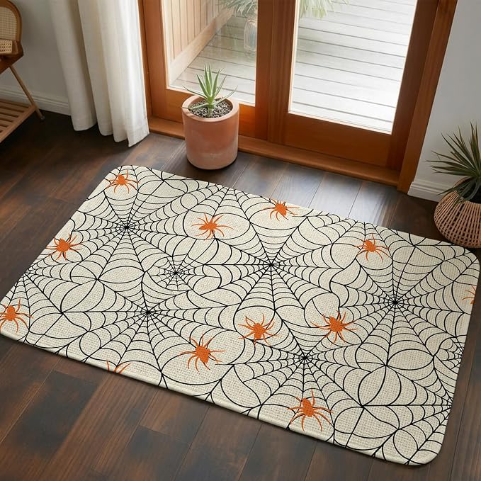 Small Door Mat Indoor Outdoor 15.7"x23.6",Halloween Absorbent Non Slip Entry Rug,Black Net Classic Spiders Gingham Orange Rustic Low Profile Welcome Mat for Front/Side Door Apartment Entrance Bathroom