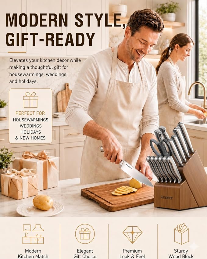 Astercook Knife Set, 15 Piece German Steel Kitchen Knife Set with Built-in Sharpener, One-Piece Knife Block Set Rust-Resistant Dishwasher Safe Block Knives Set for Cooking & Gift (Walnut Brown) | Wooden Block with Built-in Sharpener, One-Piece Design, ...