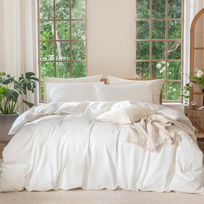 MooMee Bedding Duvet Cover Set 100% Washed Cotton Linen Like Textured Breathable Durable Soft Comfy (Solid Off White, Queen 90"x90") | Relaxed Linen-like Texture. Soft, Breathable & Long-lasting Comfort. Lightweight. Hidden Zipper with 8 Interior Corne...