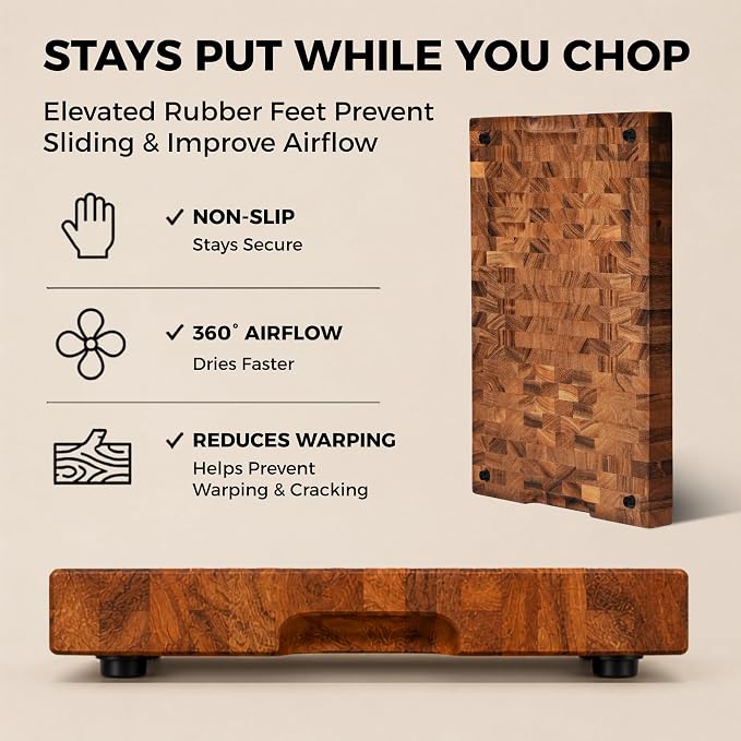 SHUMARU XL End Grain Cutting Board 20×13×1.6" Thick – 11 LB Heavy Duty Butcher Block – 260 SQ IN Flat Workspace for Meal Prep, Dough, & Pizza – Knife-Friendly Wood Chopping Board with Non-Slip Feet
