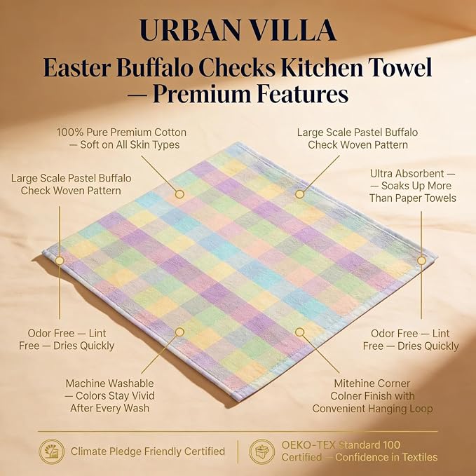 Urban Villa Kitchen Towels Set of 6 Buffalo Checks Easter Kitchen Towels Size 20”X30” Inches 100% Cotton Highly Absorbent KitchenTowels Premium Quality Ultra Soft Mitered Corners KitchenTowels