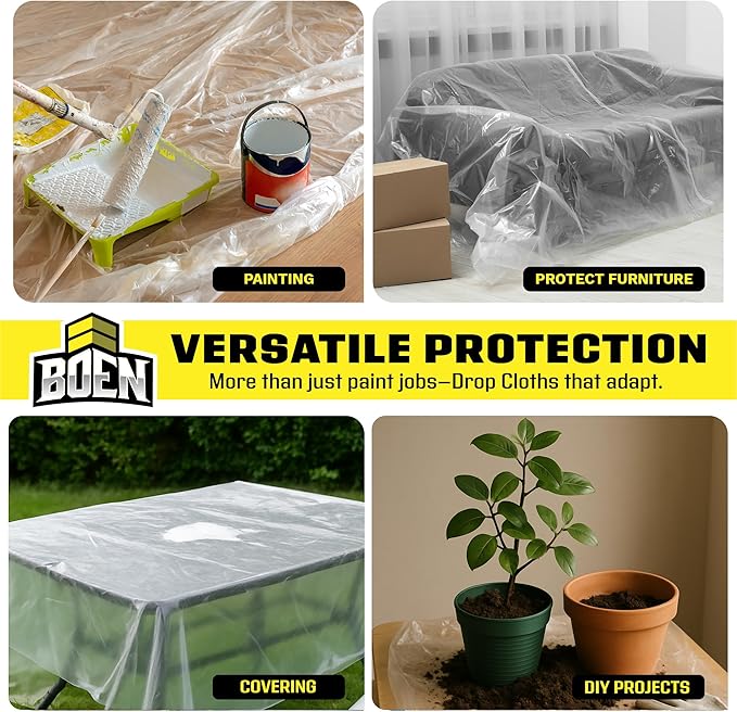 BOEN 9x12 Clear Plastic Drop Cloth – 24-Pack 1 Mil Painters Plastic Sheeting Roll – Waterproof Disposable Tarp for Painting, Furniture, Dust Protection & Window Insulation – Contractor-Grade Bulk Case