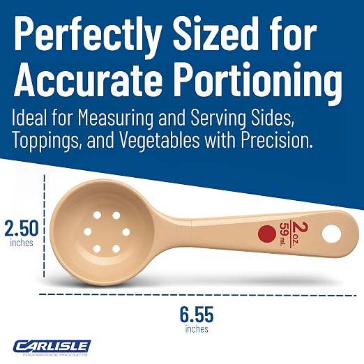 Carlisle FoodService Products 2 Oz Perforated Portion Control Spoon – Short Handle Measuring Spoon – Beige Polymer Foodservice Spoon for Commercial Kitchens, (Pack of 12)