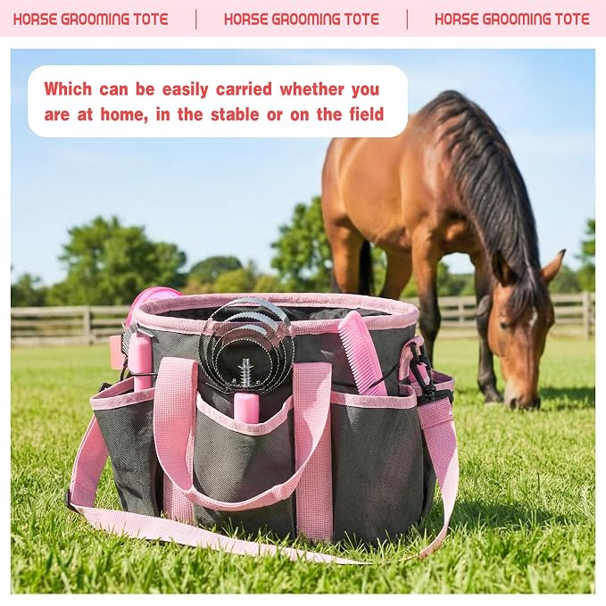 Abbylike 12 Piece Horse Grooming Kit with Organizer Tote Bag Brush Sets for Derby Day Show Horses Professional Tools for Care & Massage(Grey and Pink)