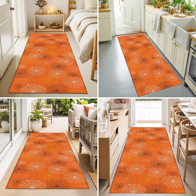 Hallway Runner Rug 2'x6', Orange Halloween Washable Bathroom Area Rugs for Kitchen Bedroom Laundry, Black White Net Halloween Non Slip Door Mat Indoor Entrance Floor Throw Bedsides Carpet