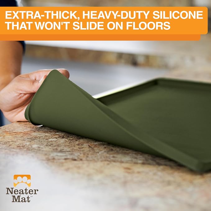 Neater Pet Brands Neater Mat Pet Mats for Food and Water, Cat & Dog Bowl Mat Waterproof Silicone, Feeding Tray, Dog Food Mats for Floors, Placemat w/Raised Edge for Under Bowls, 16” x 10”, Olive