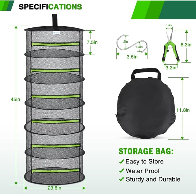 Yesker 6 Layer Herb Drying Rack Hanging Mesh Net Foldable Plant Drying Racks 24" w Green Zipper Pruning Shears Hook Dryer Hanging Rack for Herbs Seed Bud Fruit Clothes Grow Tent Closets Garden Outdoor | Drying Green Zipper Pruning Shears Hook Dryer Han...