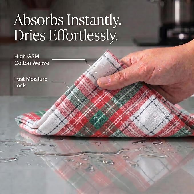 Urban Villa Christmas Kitchen Towels 100% Cotton Dish Towels for Kitchen (Set of 6) 20”x30” Dish Cloths Absorbent Kitchen Linen Set with Hanging Loop Perfect for Drying Dishes Cleaning – Christ Check