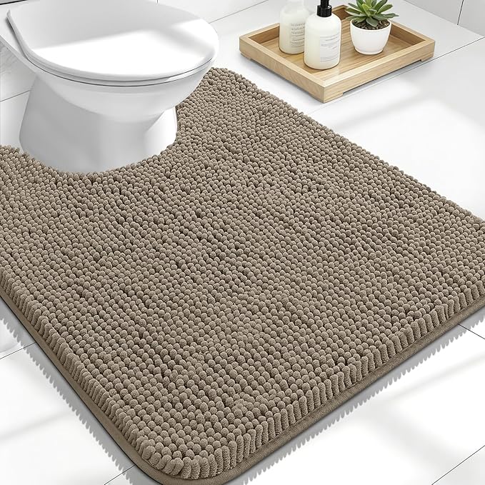 OLANLY Toilet Rugs U-Shaped 24x20, Extra Soft Absorbent Chenille Contour Bathroom Rugs for Toilet, Dry Quickly, Machine Washable, Non-Slip Bath Mat, Warm Taupe